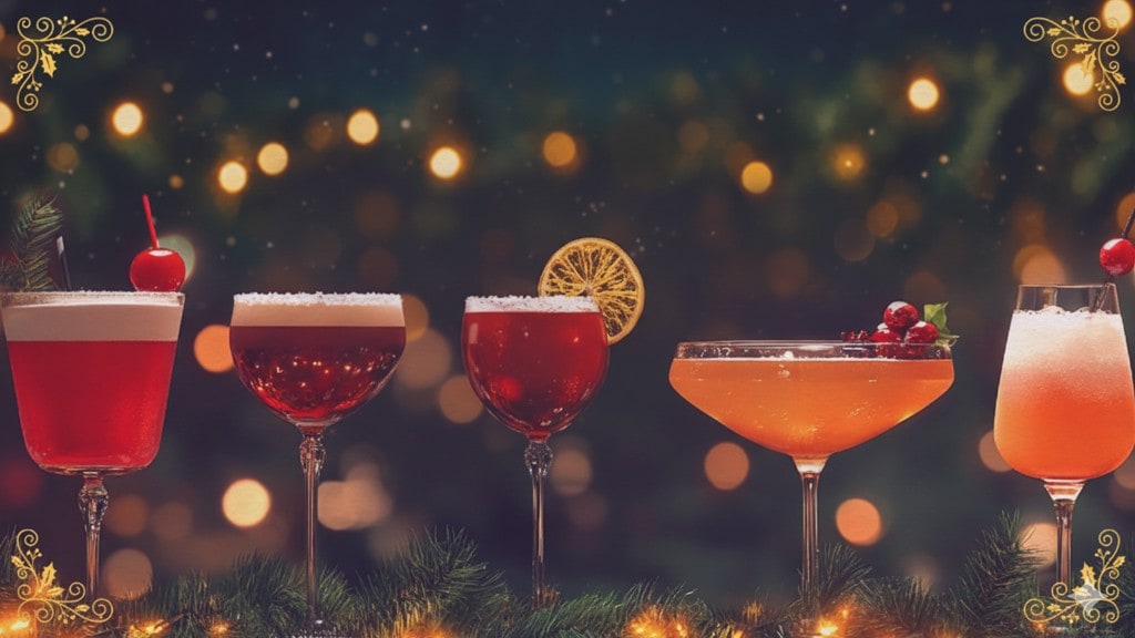Row of festive Christmas cocktails with pine branches and warm lights